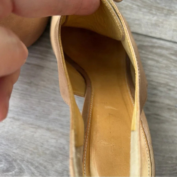 J Crew Peep Toe Lace Up  Tan Leather Slingback Wooden Heel Pumps - Picture 11 of 13